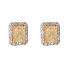 14K Yellow Radiant Diamond Stud Earrings with White Halo