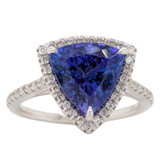 14K Gold 4.25CT Trillian Tanzanite Diamond Halo Ring