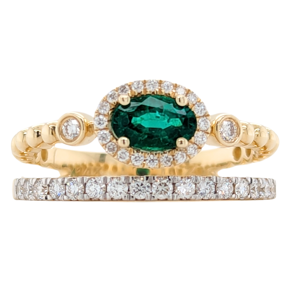 14K Yellow Gold Oval Emerald 2 Row Ring