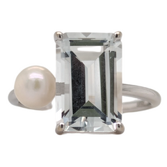 14K White White Topaz and Pearl Modern Ring