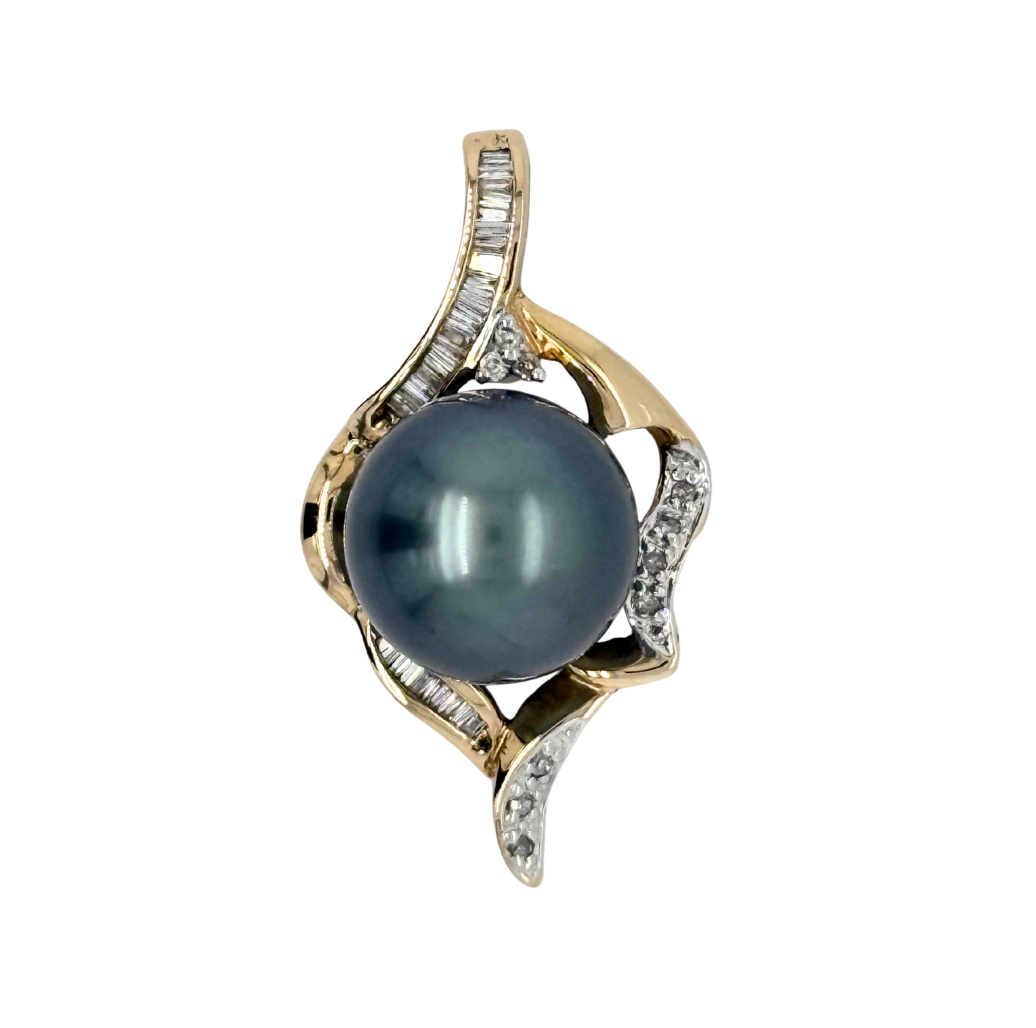 Estate 14kt Yellow Gold Tahitian Pearl Pendant .34ctw Diamonds