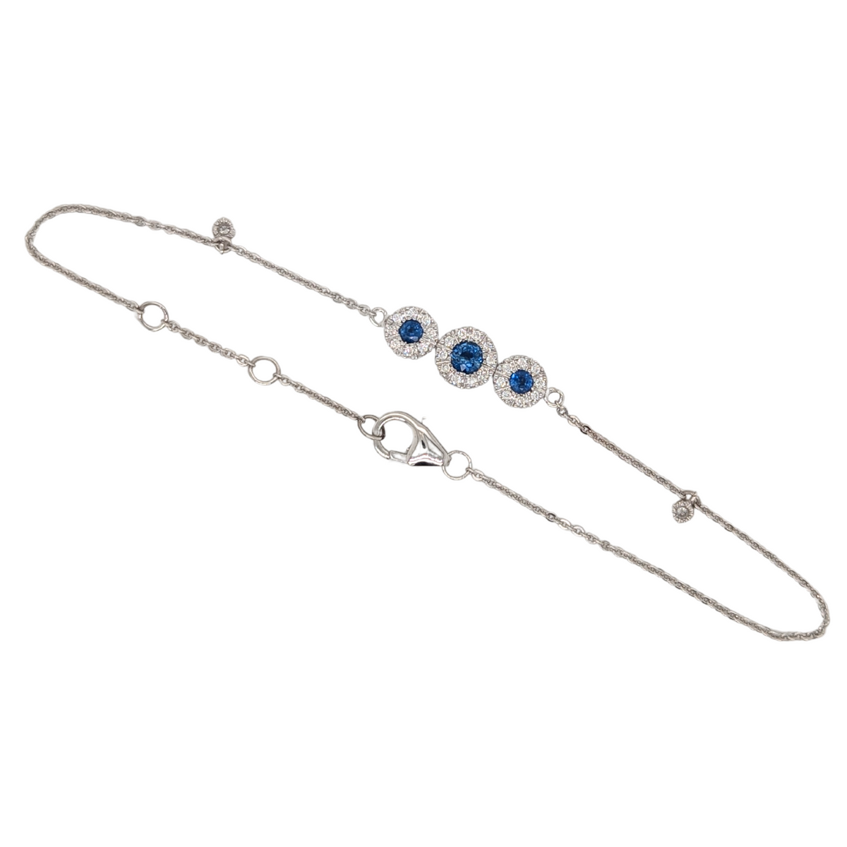 14K White Gold Three Blue Stone Sapphire & Diamond Bracelet