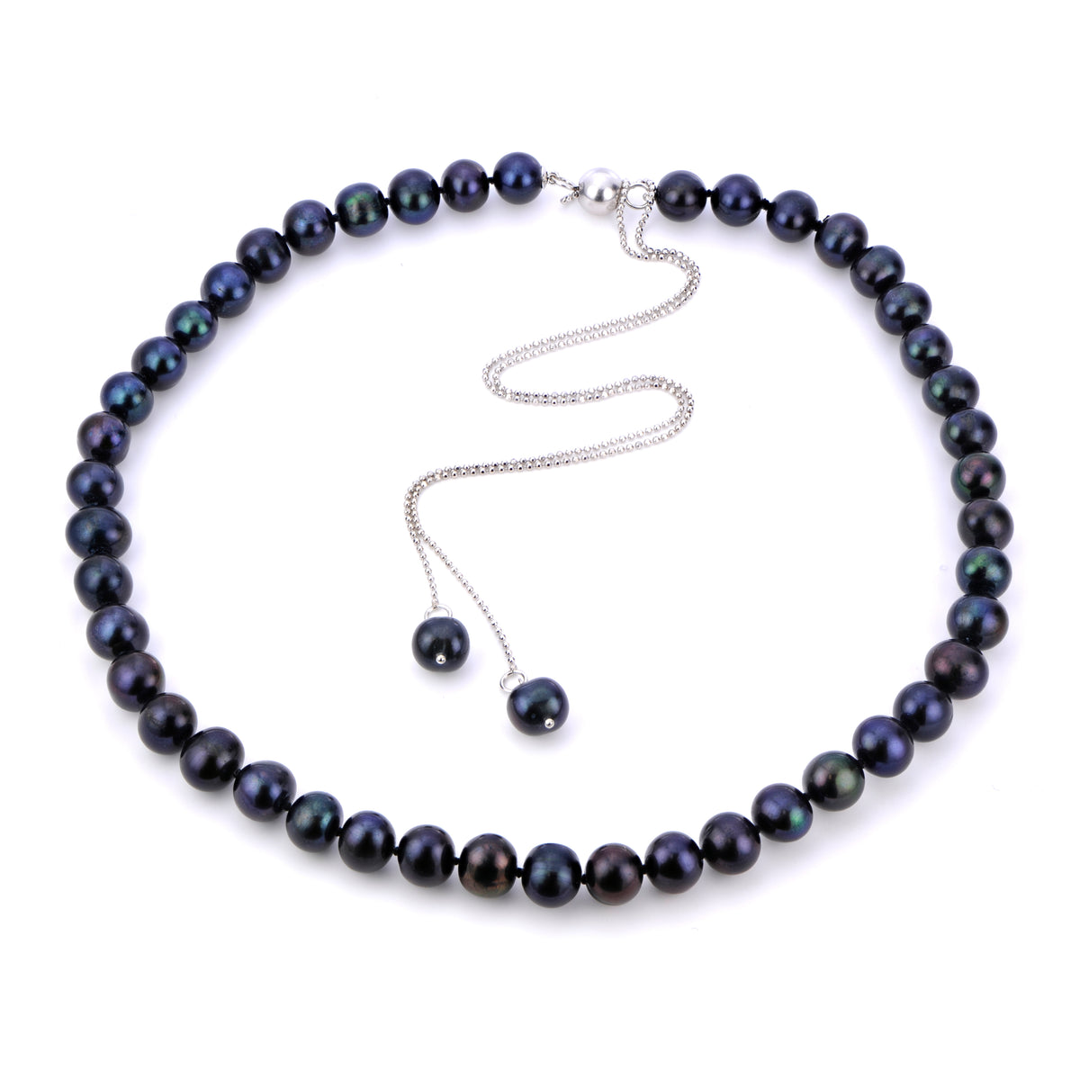 Sterling Silver Freshwater Black Adjustable Pearl Necklace