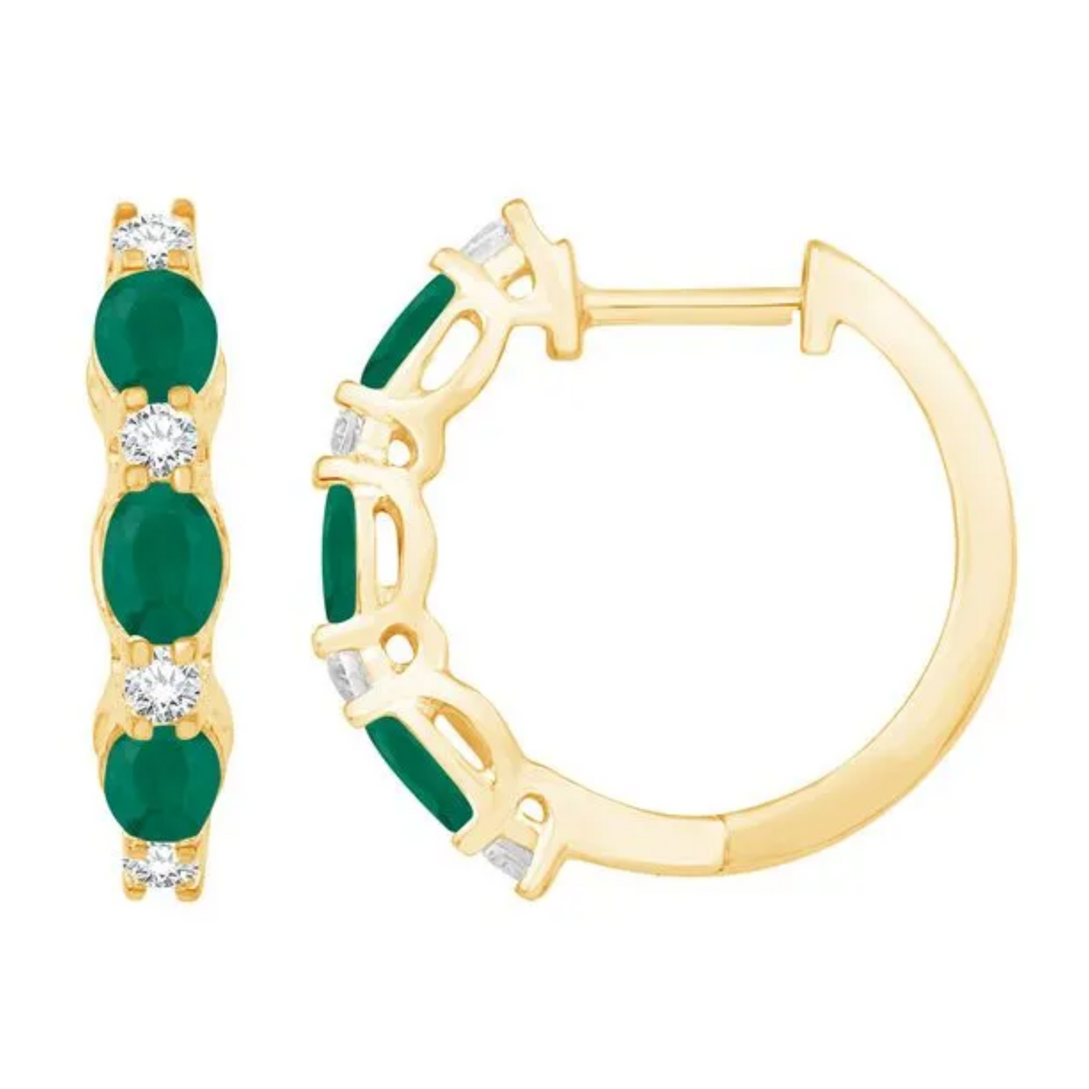 14K Yellow Gold Oval Emerald and Diamond Hoop Earrings