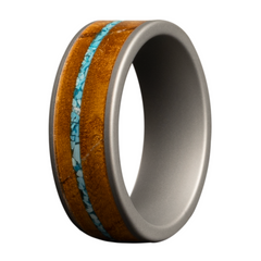 Men's Tungsten Ring with Honey Burl Wood and Turquoise Inlay - Size 10