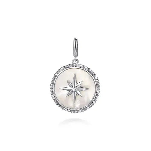Sterling Silver Bujukan White Sapphire and Mother Of Pearl Round Starburst Medallion Pendant