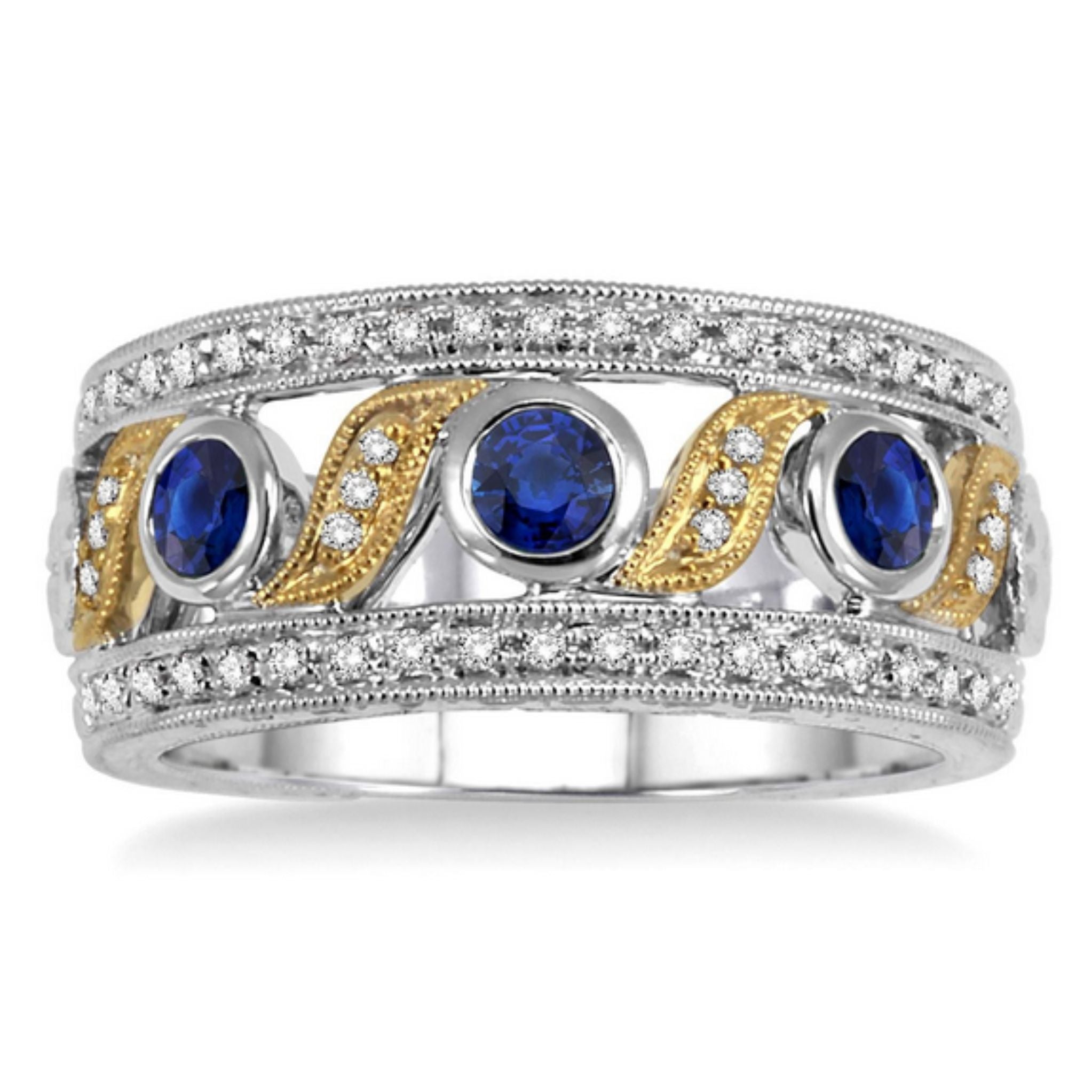 14K Two Tone Blue Sapphire & Diamond Detailed Wide Ring