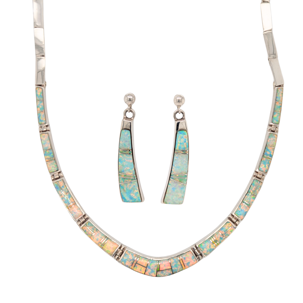 Estate: Sterling Silver Signed Imitation Opal Necklace & Earring Set