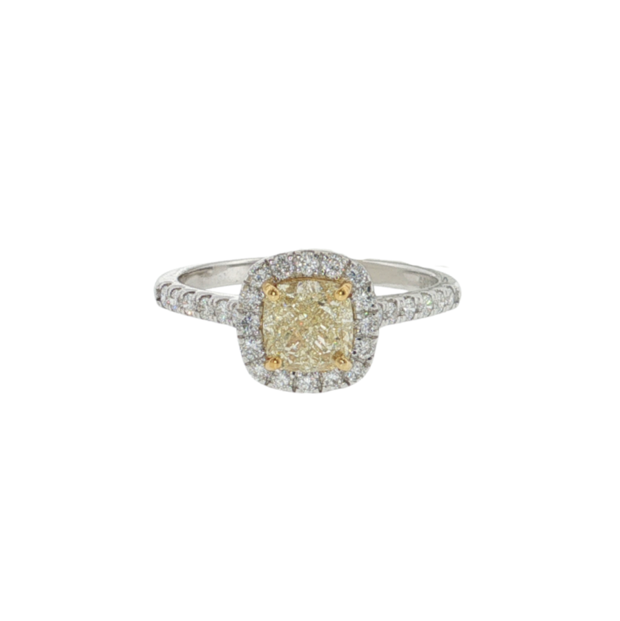 14kt White Gold1.34ctw Cushion Yellow and White Diamond Halo Ring