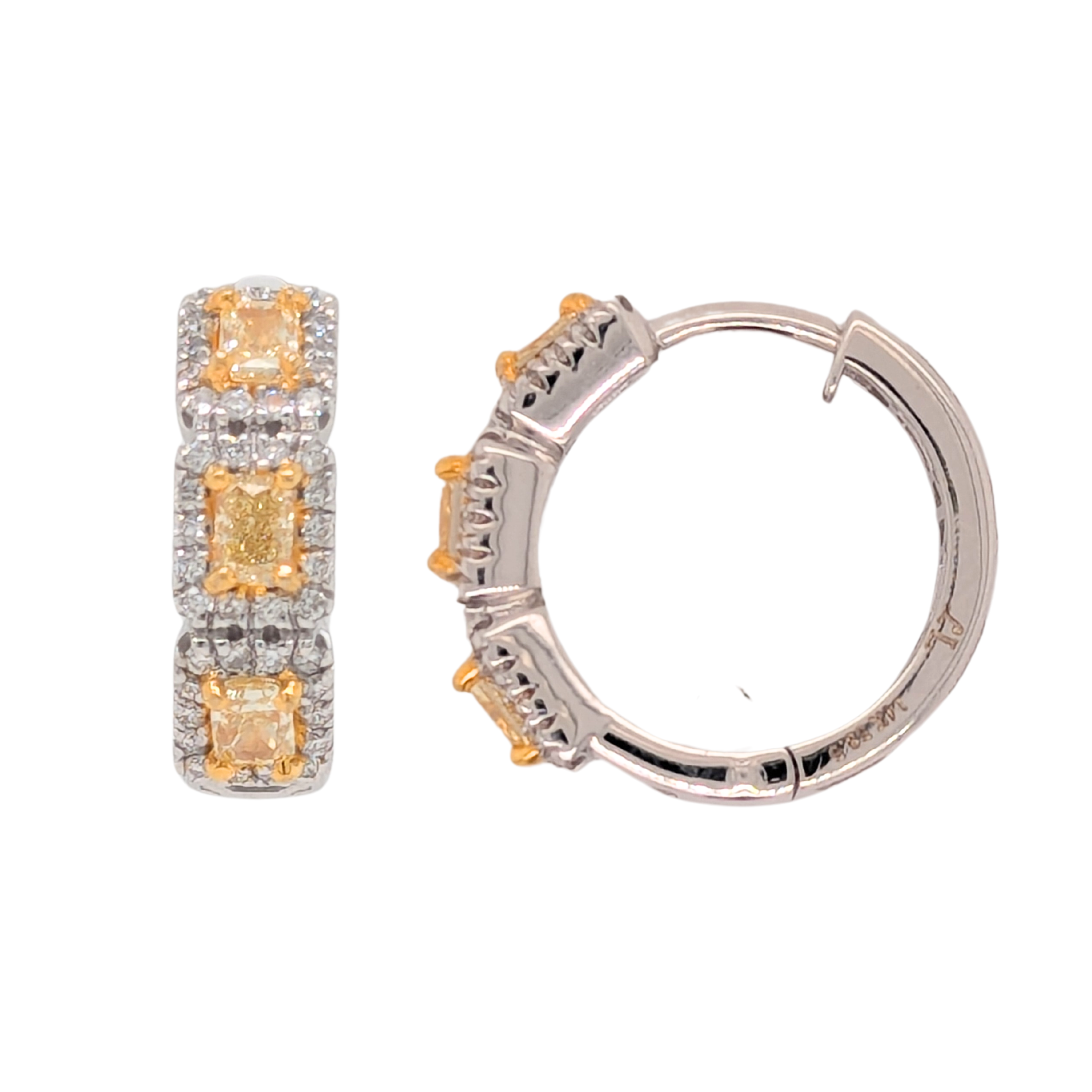 14K Gold Radiant Yellow Diamond Halo Hoop Earrings