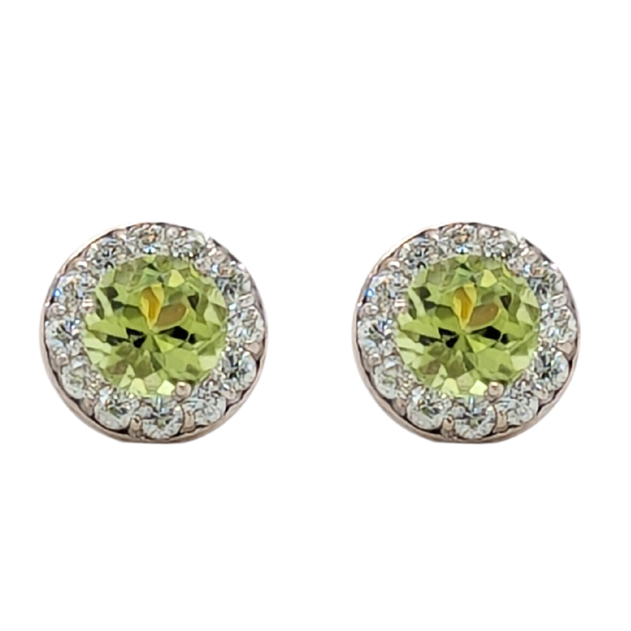 14K White Gold Peridot Diamond Halo Birthstone Earrings