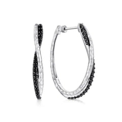 Sterling Silver Black Spinel Hoop Earrings with Hammered Texture
