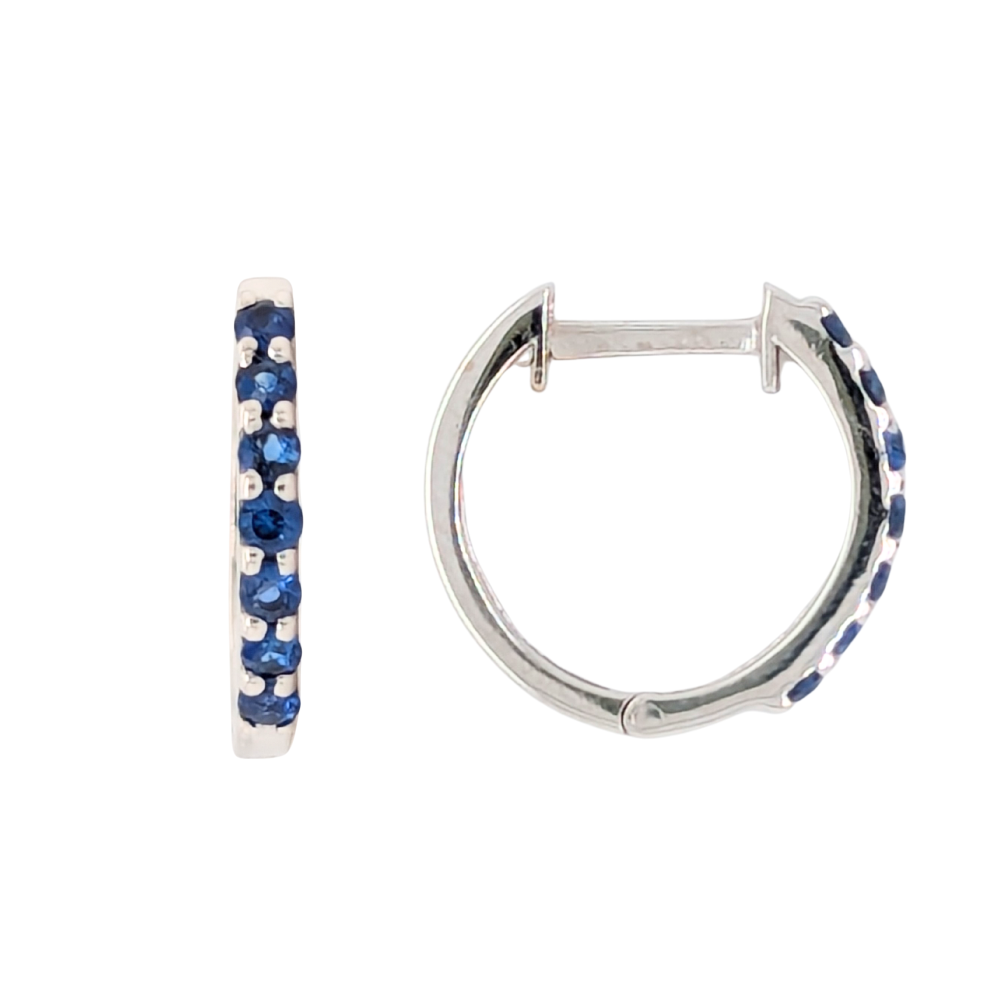 14K White Gold Blue Sapphire Huggie Earrings