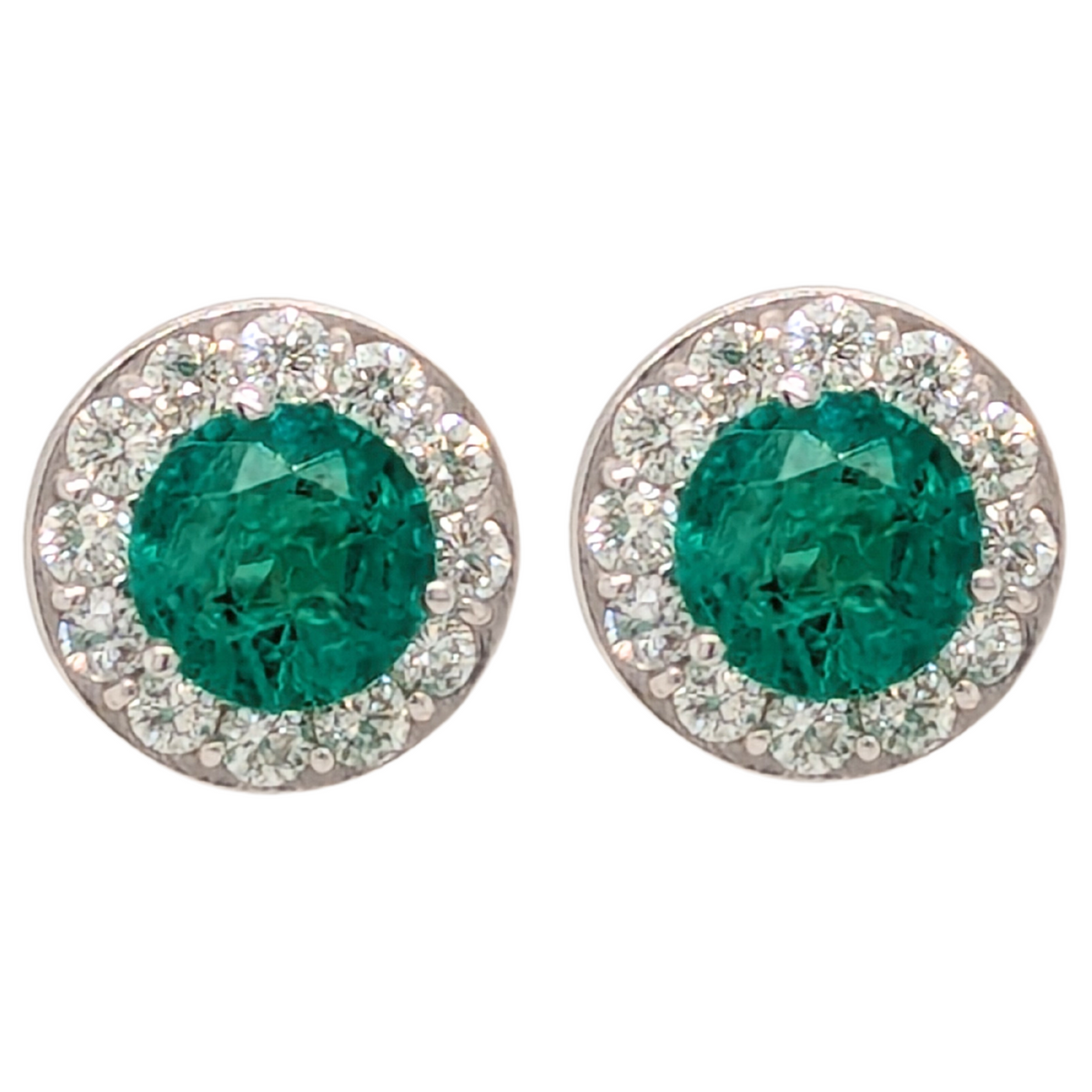 14K White Gold Emerald Diamond Halo Birthstone Earrings