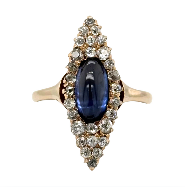Estate Victorian 14kt Yellow Gold 2ct Cabochon Sapphire .50ctw Old Mine Cut Diamond Ring