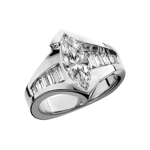 14K White Gold Marquise Center Baguette Ring