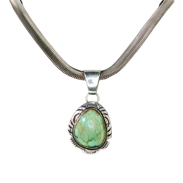 Estate Sterling Sliver Flat Snake Chain with Light Blue/Green Turquoise Pendant
