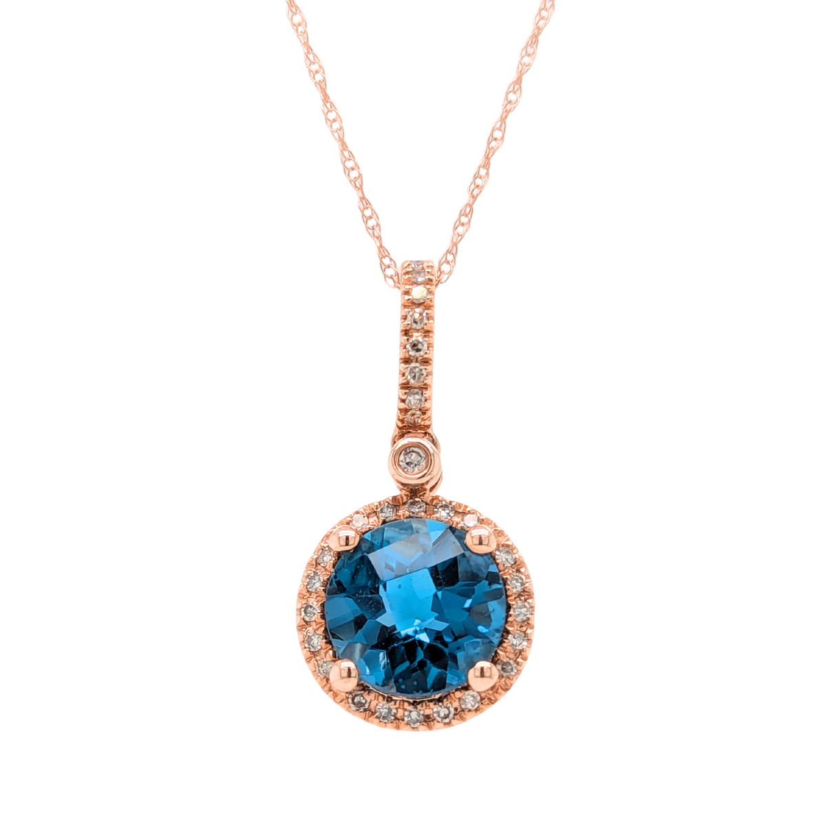 14K Rose Gold London Blue Topaz Necklace with Diamond Accents