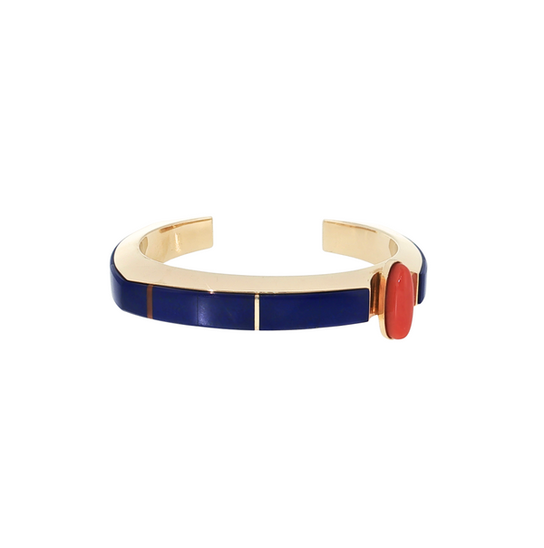 Estate 14kt Yellow Gold Lapis and Coral Cuff Bracelet