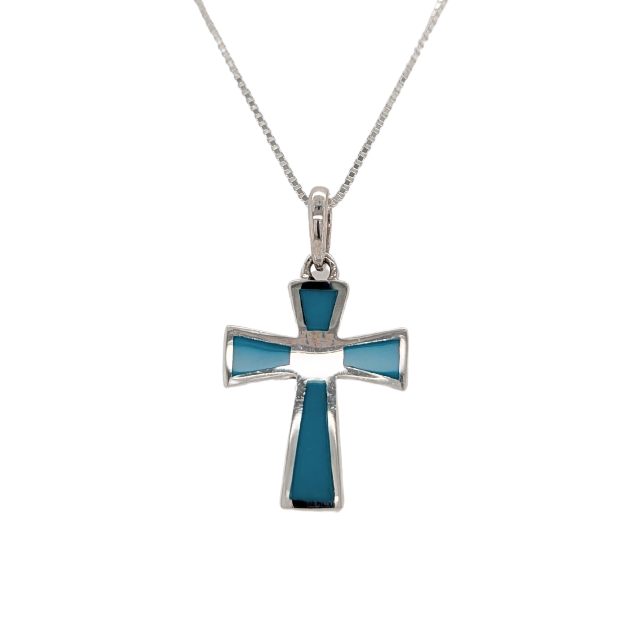 Sterling Silver Inlaid Cross with Turquoise Necklace 18"