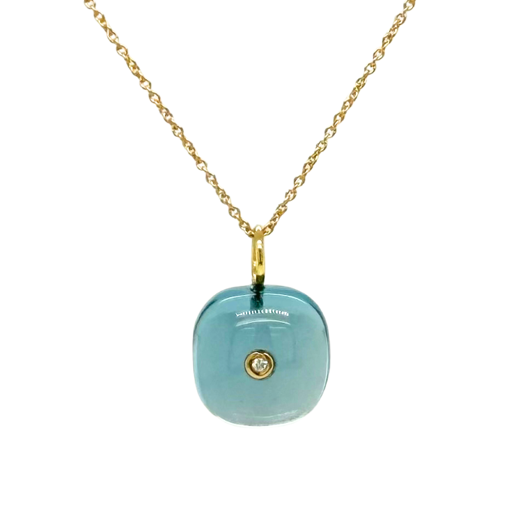 14kt Yellow Gold Blue Topaz Diamond Pendant with Adjustable Chain 16-18in