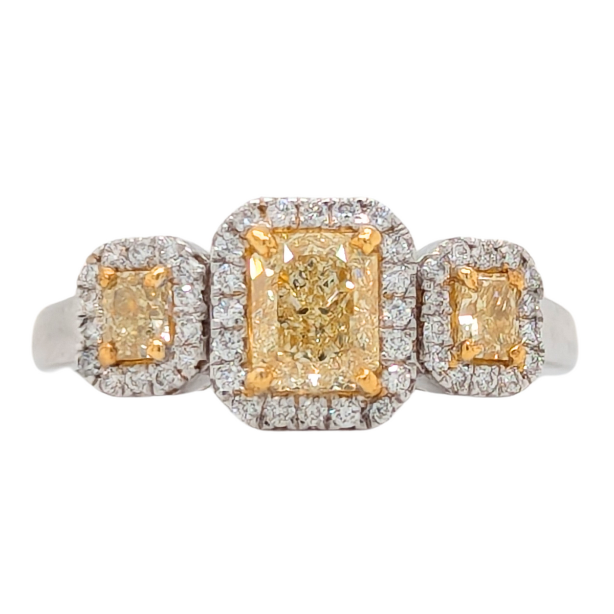 14K Gold Three Stone Natural Diamond Ring with Radiant Center