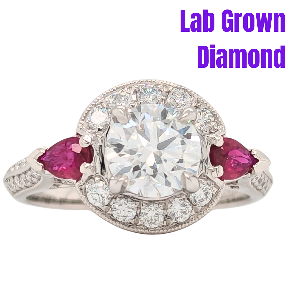 14K White Gold Lab Grown Diamond Center Engagement Ring with Pear Ruby Accents