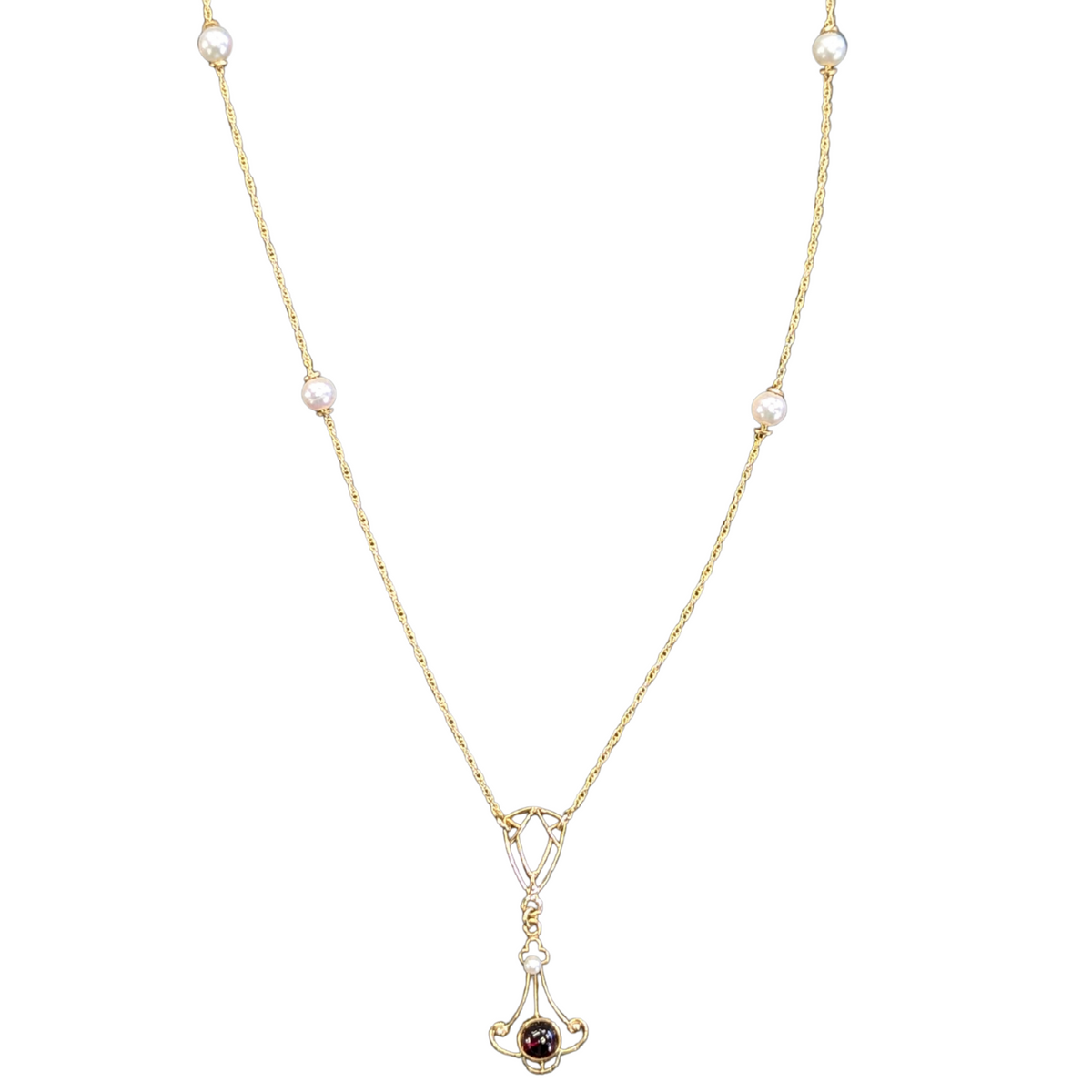 Estate: 14K Yellow Gold Pearl & Garnet Lavalier Necklace