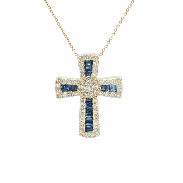 Estate 14kt Yellow Gold 1.5ctw Sapphire Diamond Cross 18in