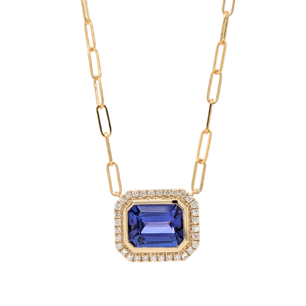 14K Gold 2.43CT Emerald Cut Tanzanite Necklace with Paperclip Chain