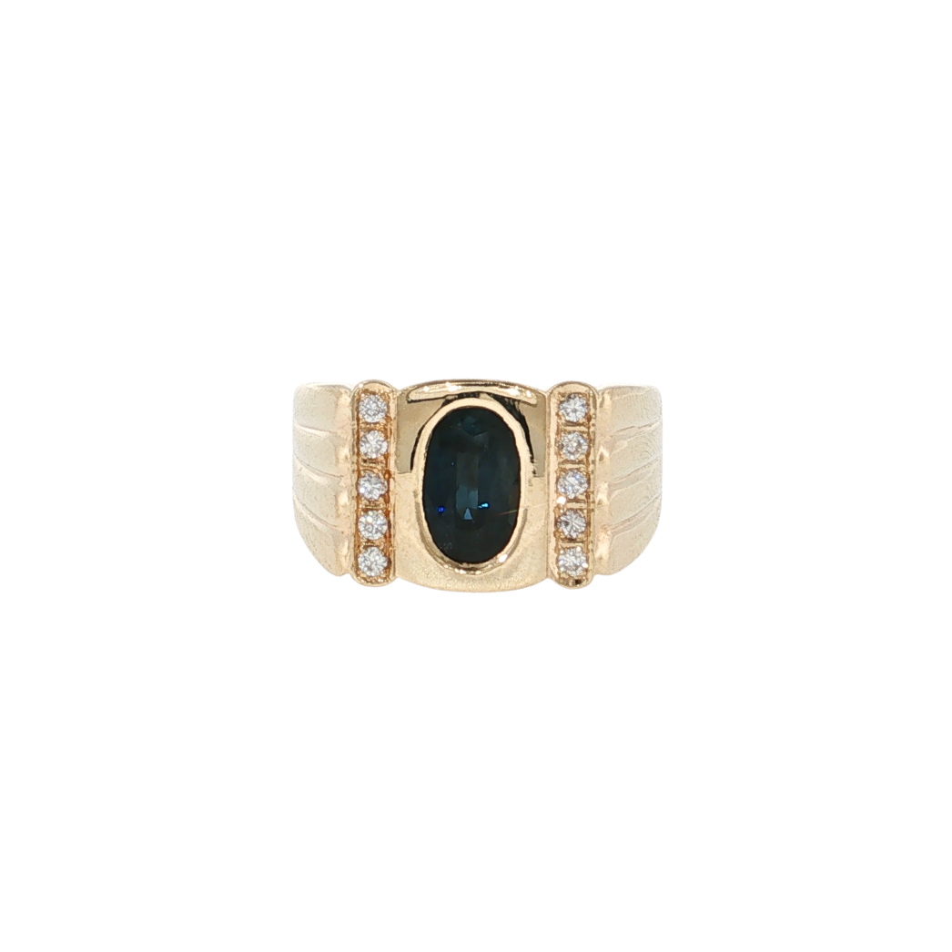 Estate 14kt Yellow Gold 2ct Sapphire .10ctw Diamond Mens Ring