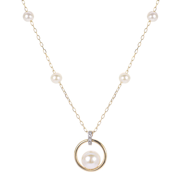 14K Yellow Gold Pearl Circle Station Necklace