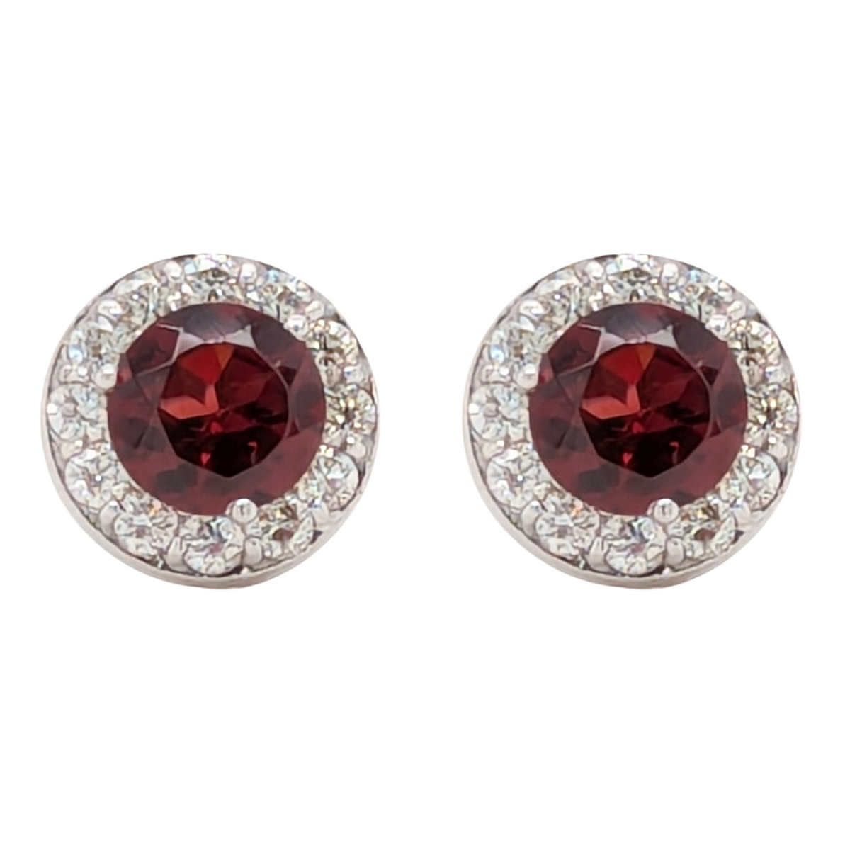 14K White Gold Garnet Diamond Halo Birthstone Earrings