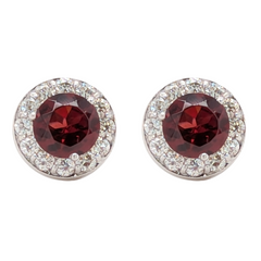 14K White Gold Garnet Diamond Halo Birthstone Earrings