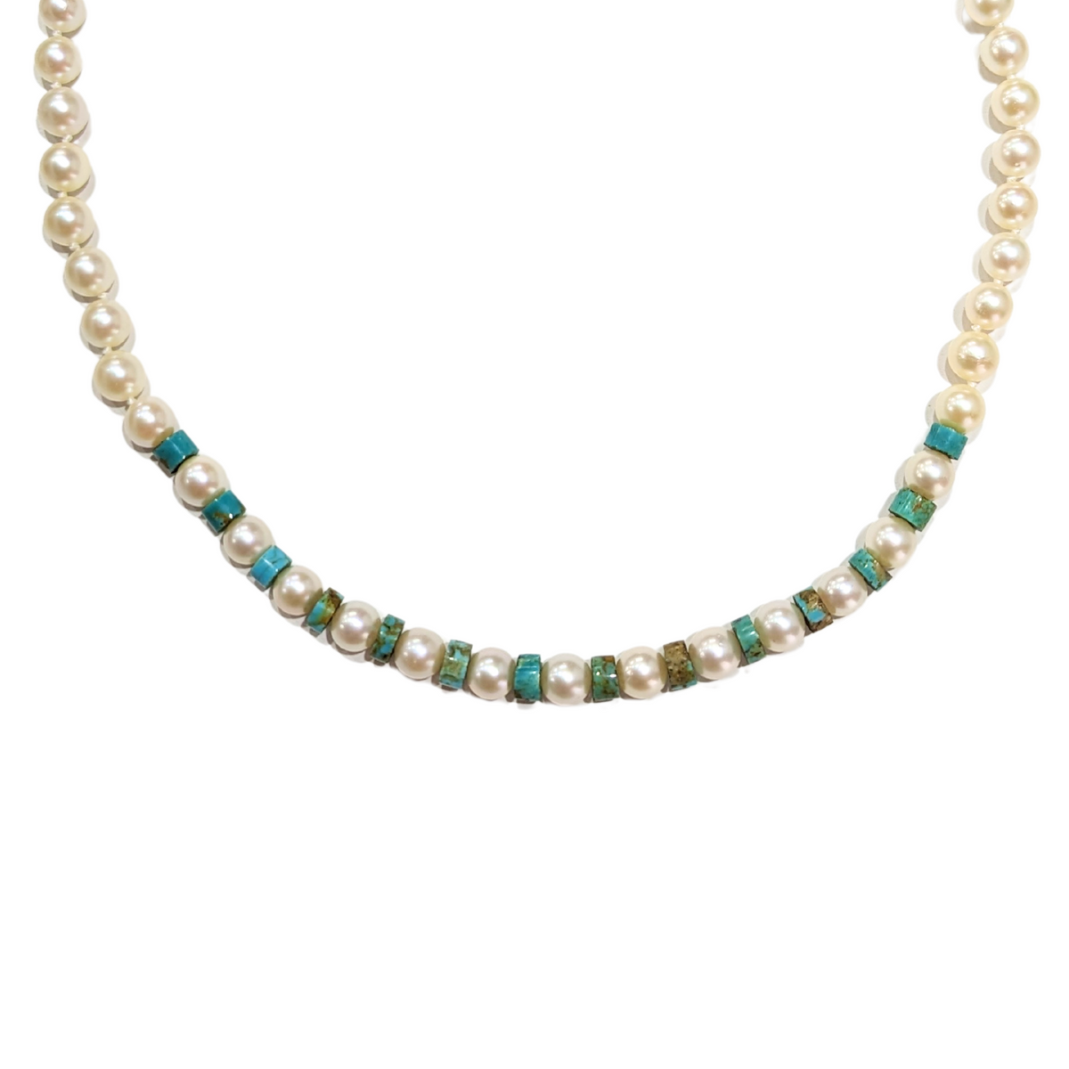 Estate: Cultured Pearl & Turquoise Necklace with 14K Gold Clasp