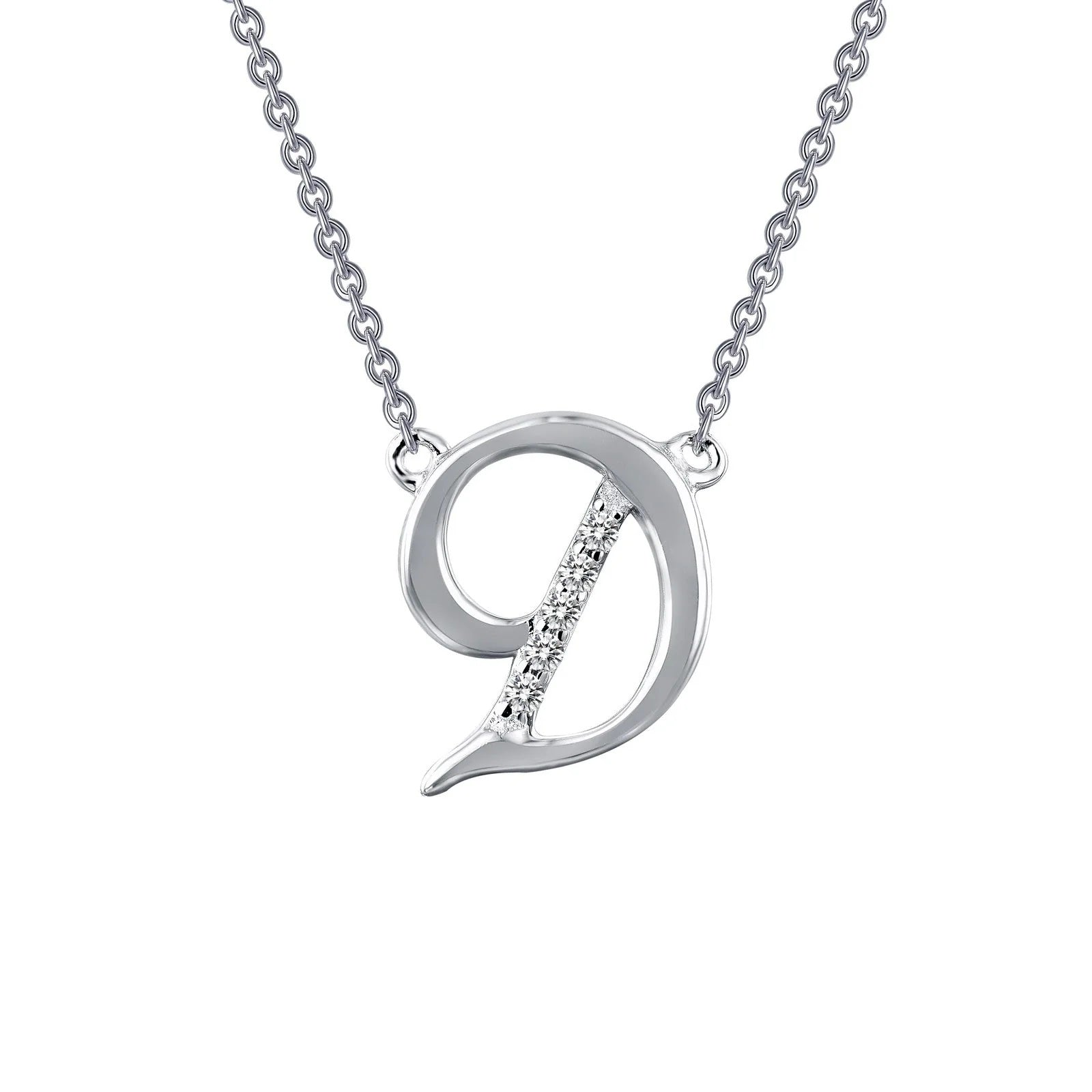 Sterling Silver Initial "D" Script Necklace With Simulated Diamonds