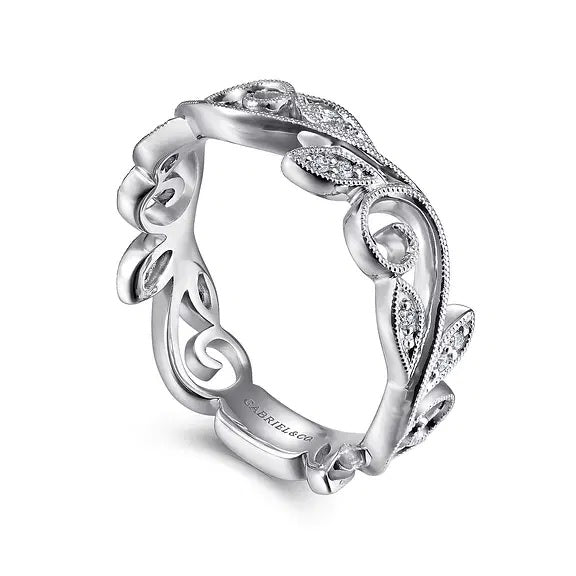 14K White Gold Scroll Floral Band .09CTW