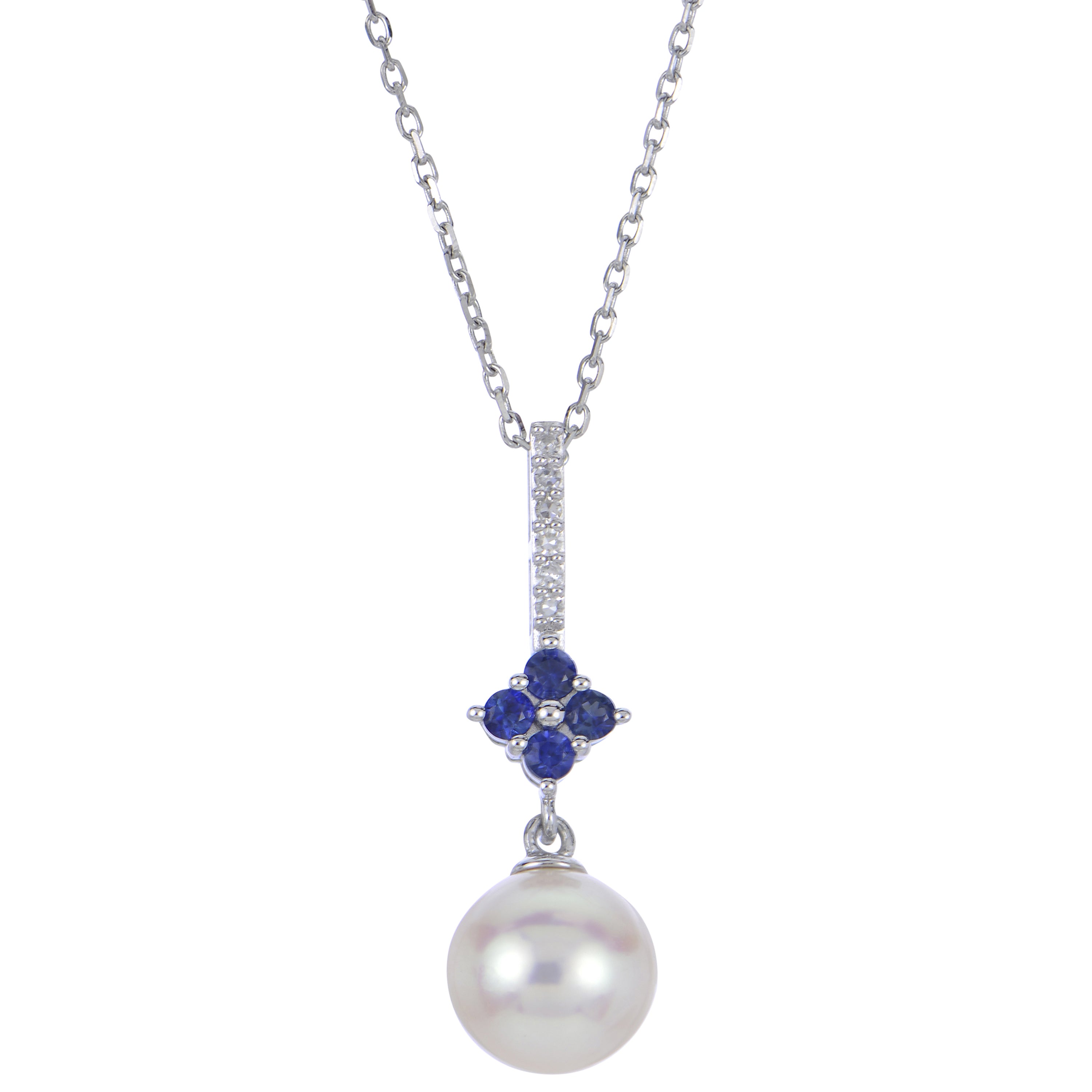 14K Gold Sapphire Diamond and Pearl Linear Pendant with Chain