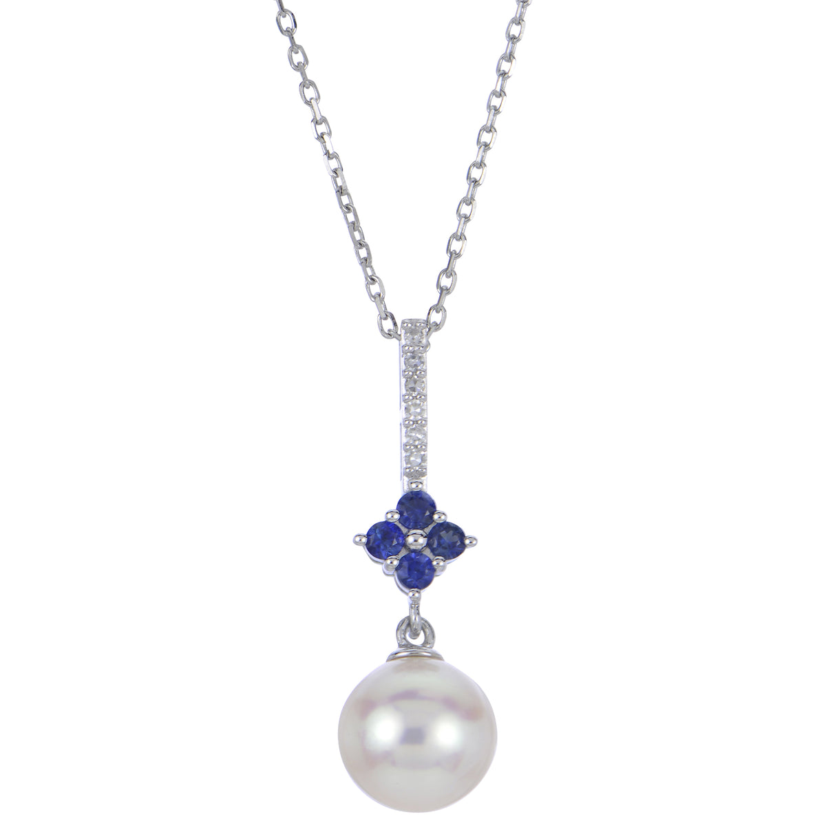 14K Gold Sapphire Diamond and Pearl Linear Pendant with Chain