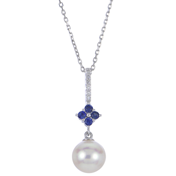 14K Gold Sapphire Diamond and Pearl Linear Pendant with Chain