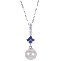 14K Gold Sapphire Diamond and Pearl Linear Pendant with Chain