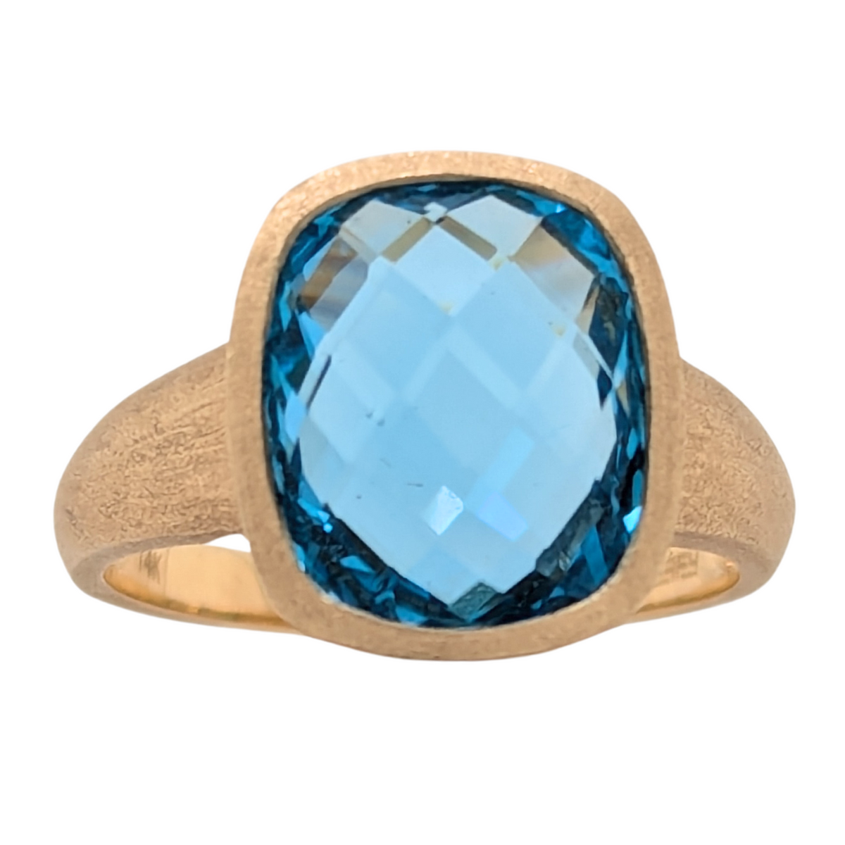 14K Yellow Gold Cushion Cut Blue Topaz Stone Finish Ring