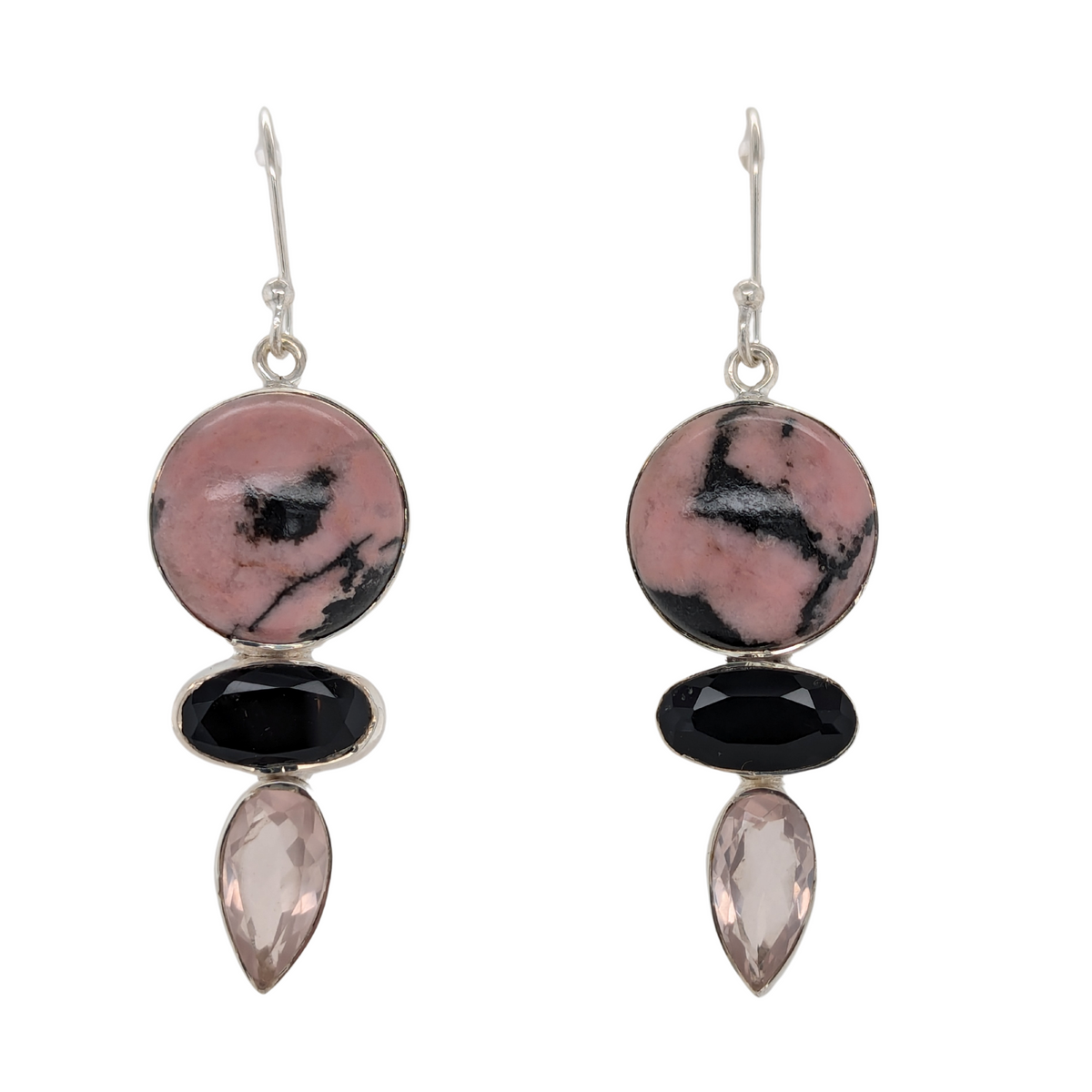 Sterling Silver Black Onyx Rhdonite Rose Quartz Dangle Earrings