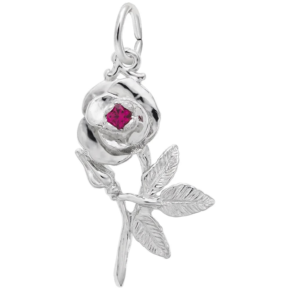 Sterling Silver Rose Charm with Red Stone