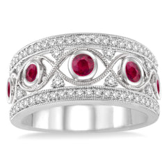 14K White Gold Wide Ruby and Diamond Ring