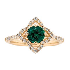 14K Yellow Gold 3/4CT Emerald Ring with Diamond Clover Halo