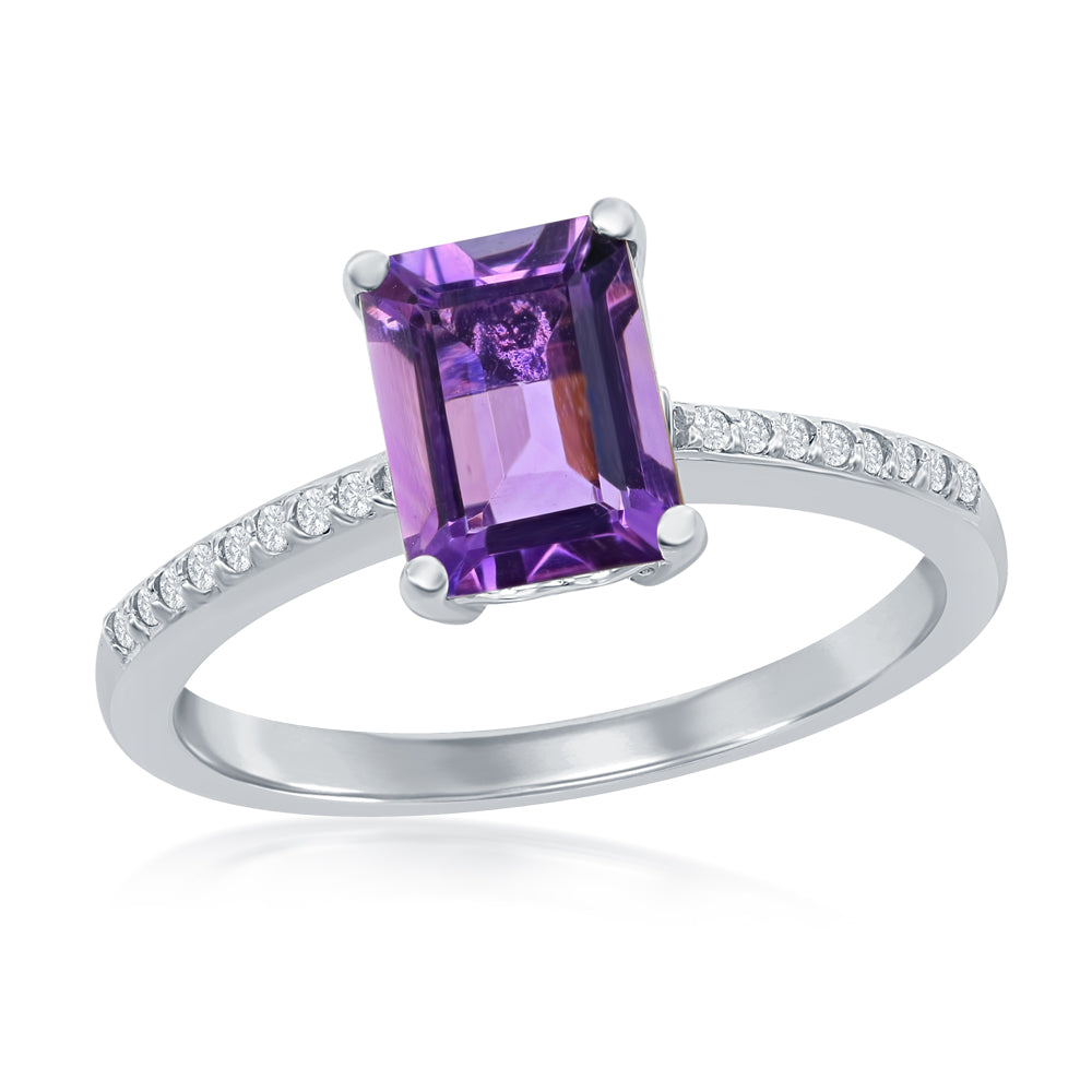 Sterling Silver Emerald Cut Amethyst and White Topaz Ring