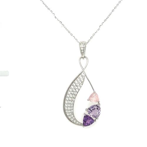 Sterling Silver White Topaz Pave Negative Space Necklace with Amethyst