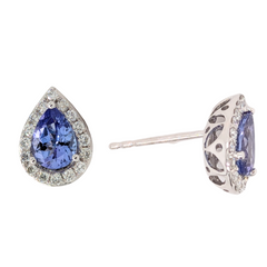 14K White Gold Pear Shape Tanzanite Diamond Halo Stud Earrings