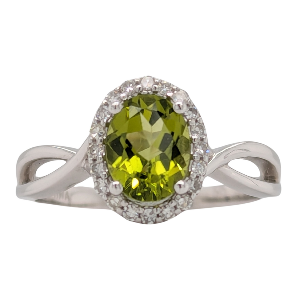 14K White Gold Oval Diamond Halo Peridot Gemstone Ring
